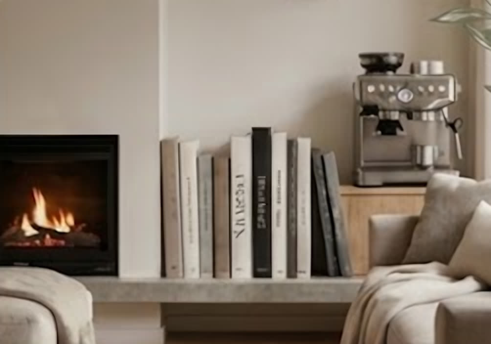 Sala con chimenea, libros y sofá