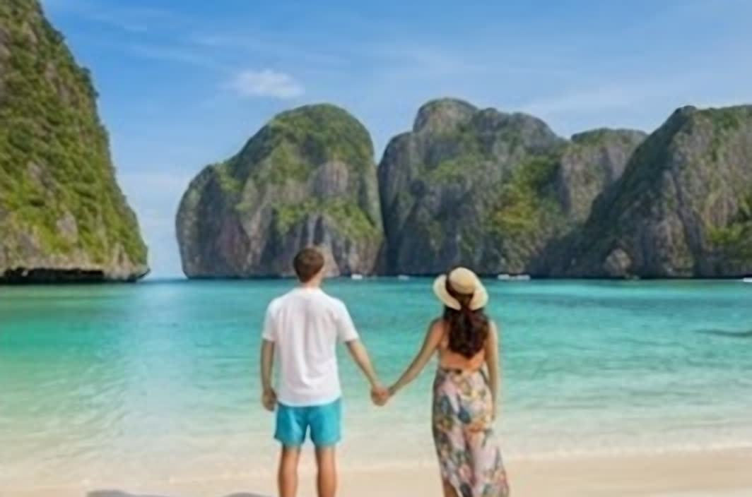 Pareja frente a acantilados y mar turquesa